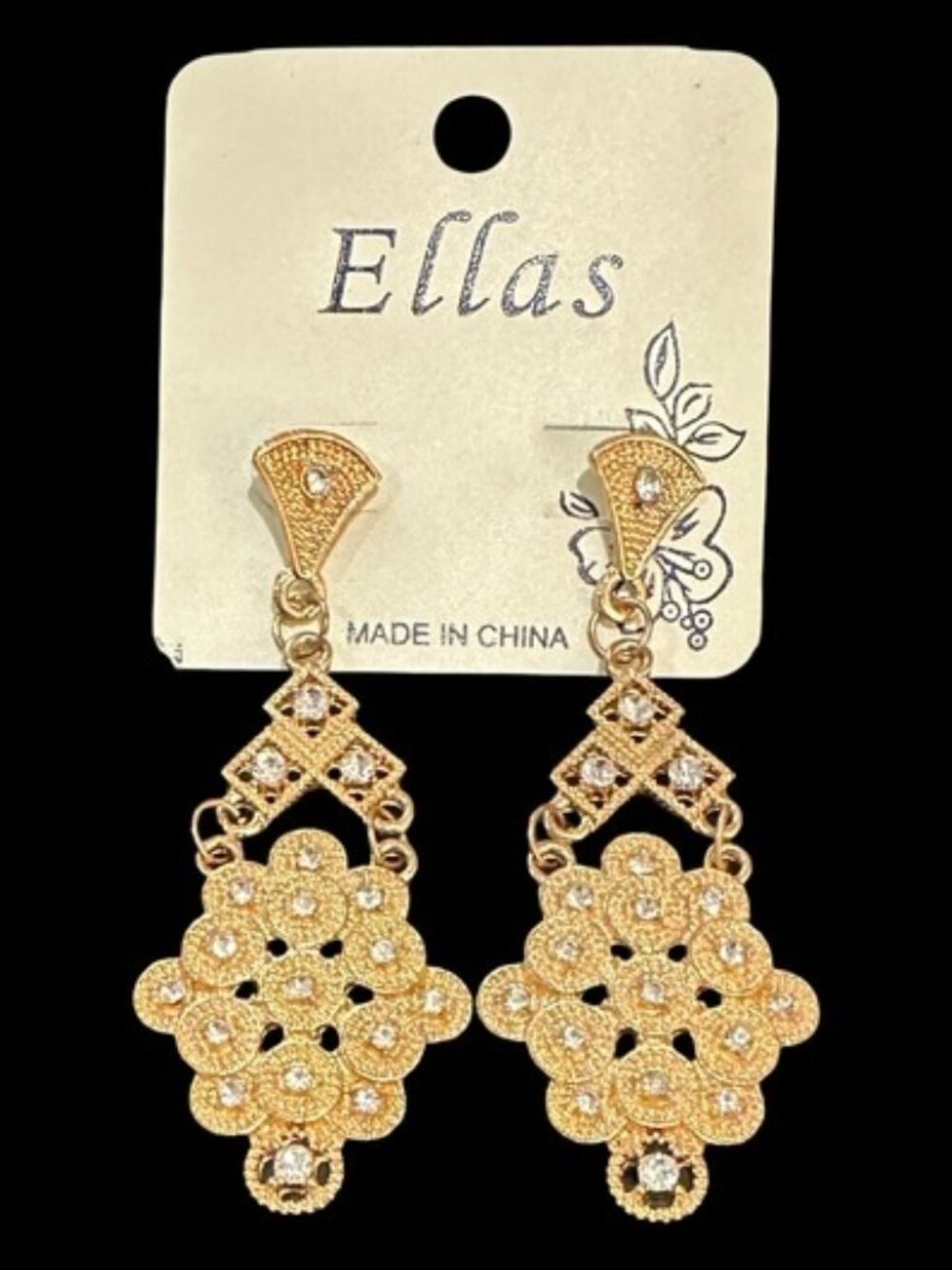 Ellas Chandelier Earrings Gold Tone Rhinestone Inlay New